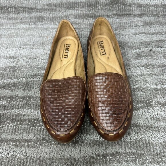 BORN Women's 6.5 Maple Loafers Brown  Leather Basket Weave Boho Look - Picture 4 of 9